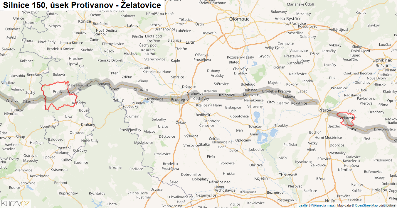 Úsek Protivanov - Želatovice, Silnice 150 - Mapa