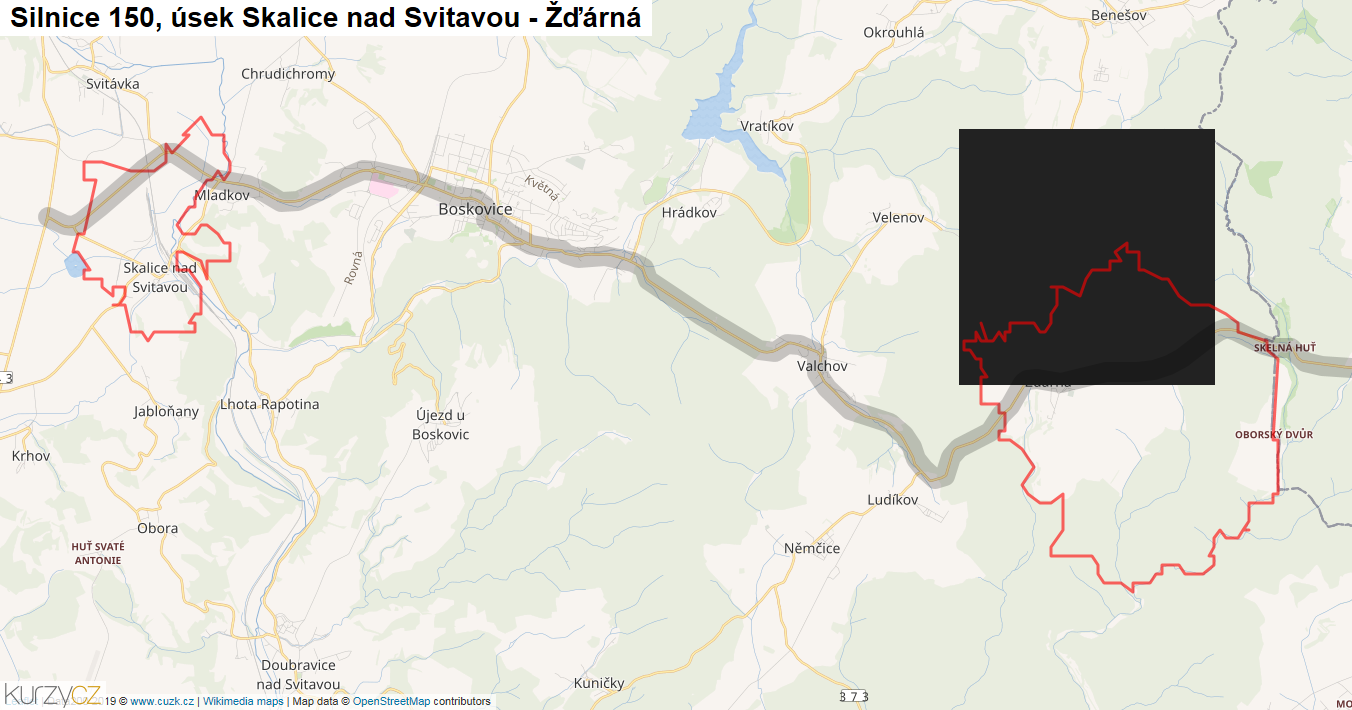 Úsek Skalice nad Svitavou - Žďárná, Silnice 150 - Mapa