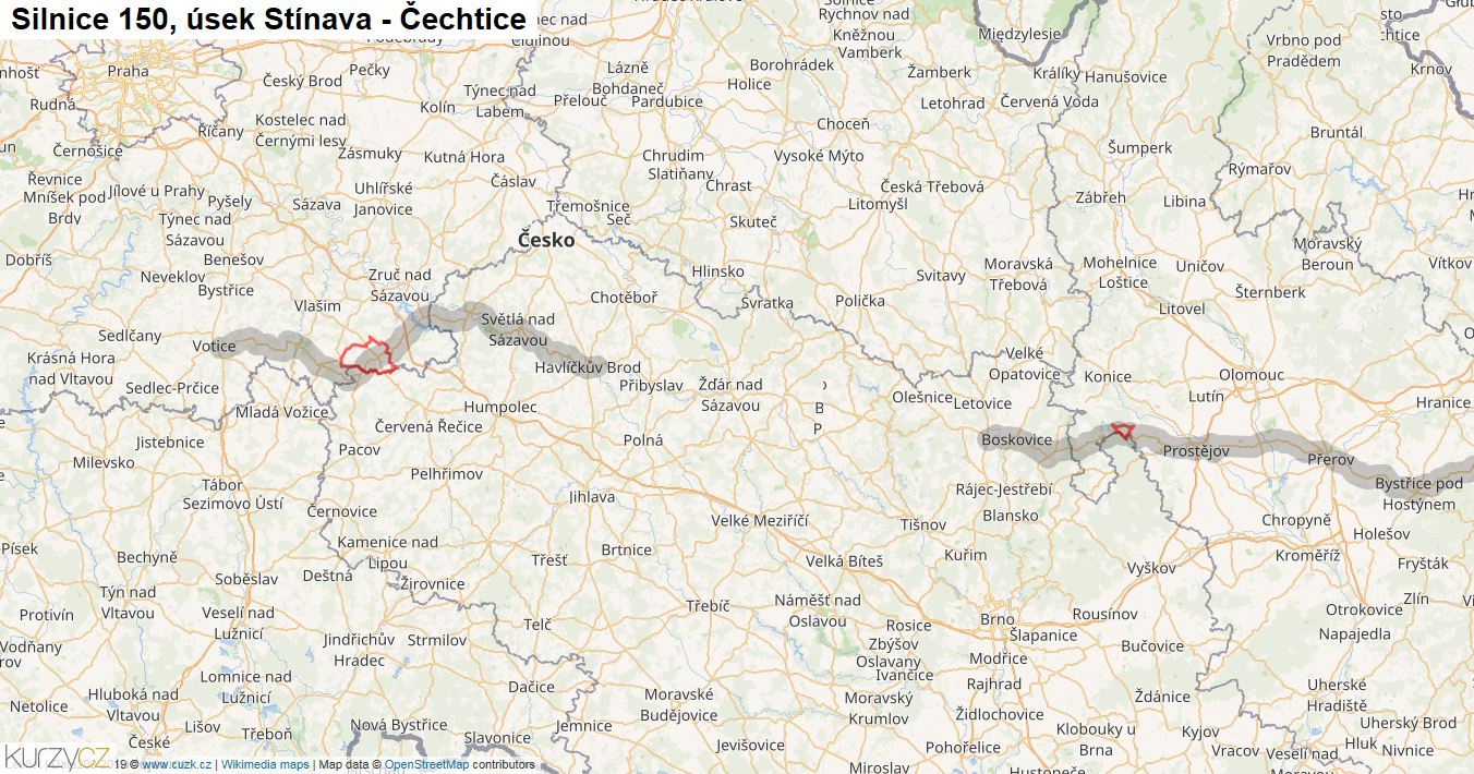 Úsek Stínava - Čechtice, Silnice 150 - Mapa