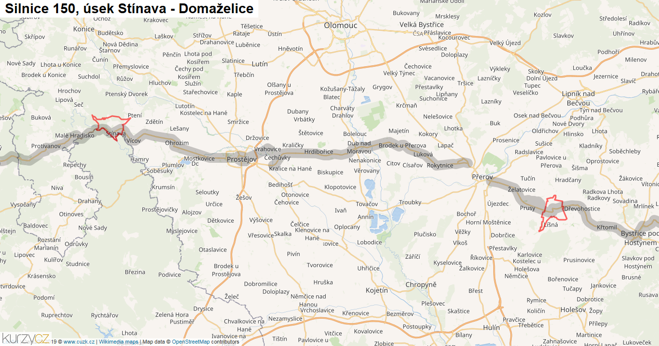 Úsek Stínava - Domaželice, Silnice 150 - Mapa