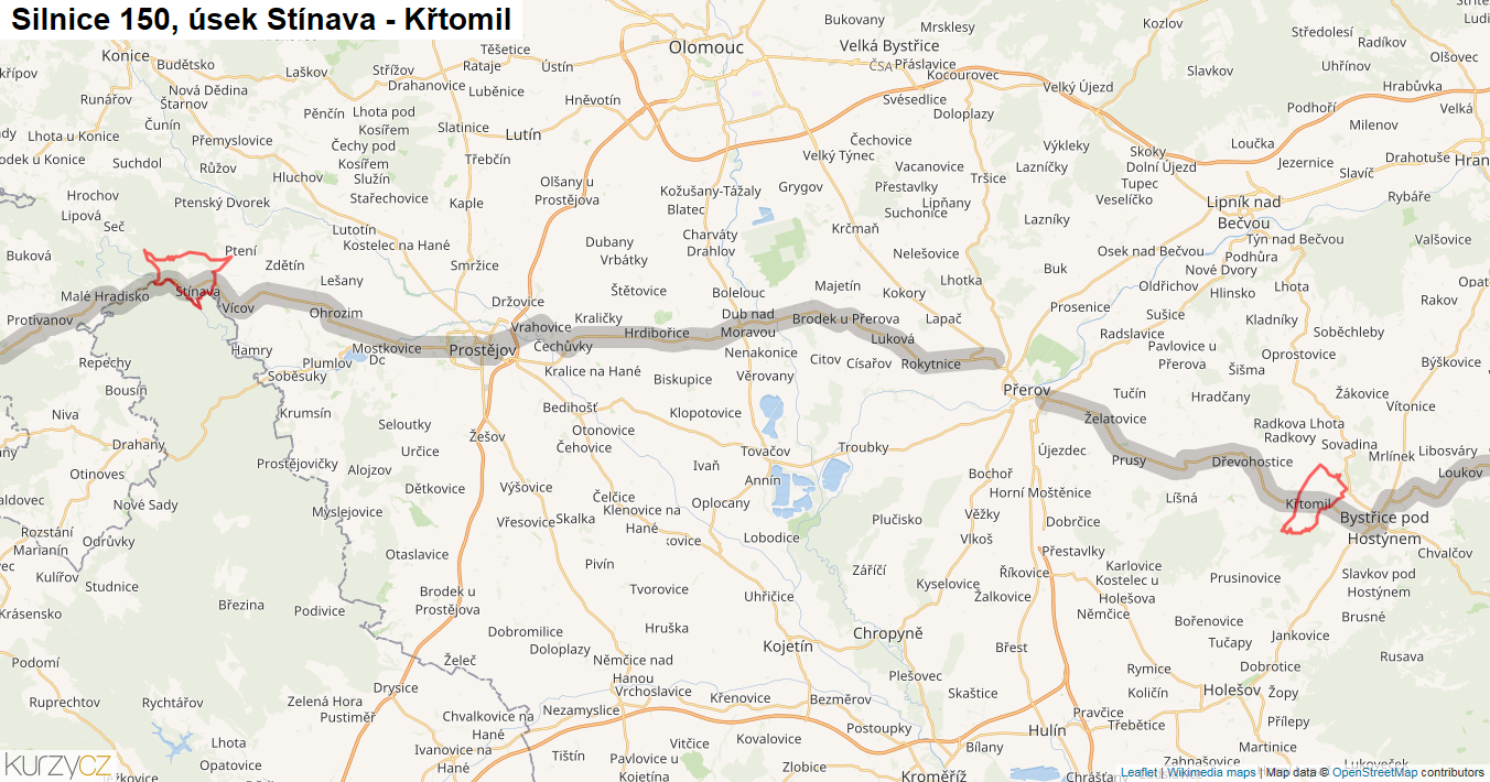 Úsek Stínava - Křtomil, Silnice 150 - Mapa