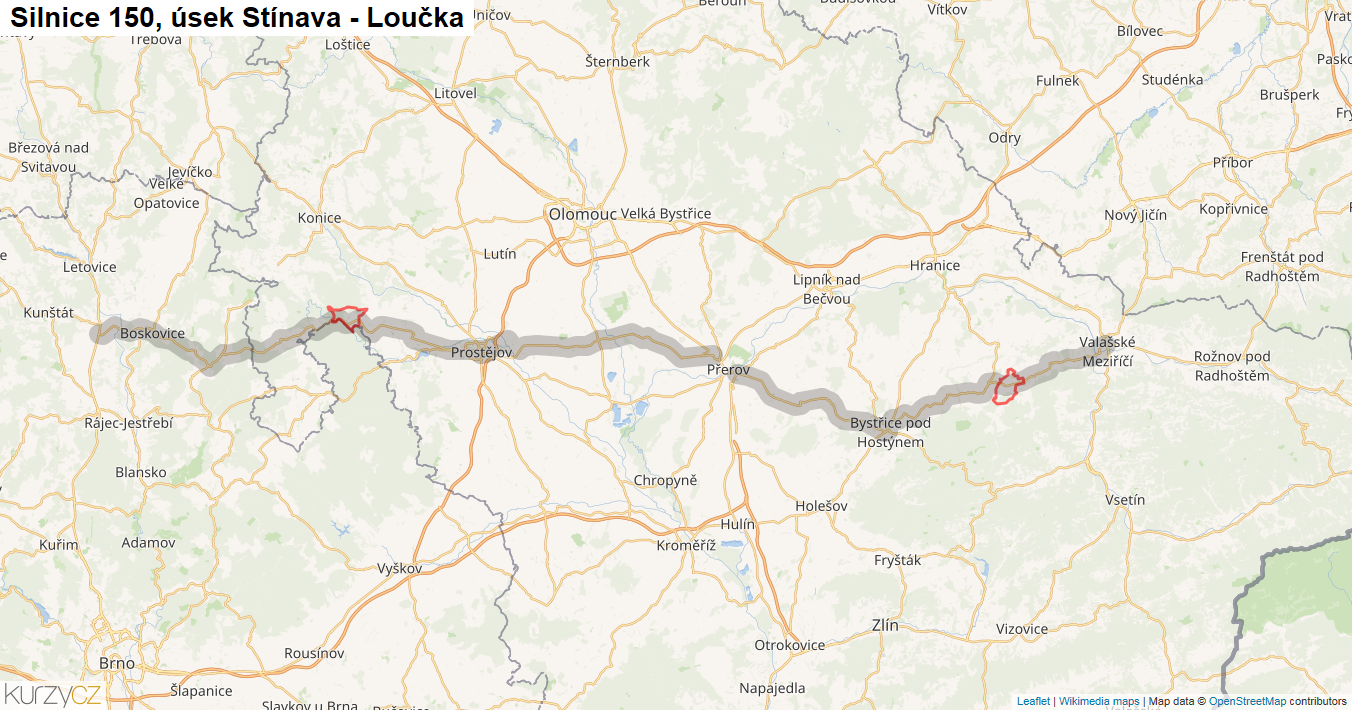 Úsek Stínava - Loučka, Silnice 150 - Mapa
