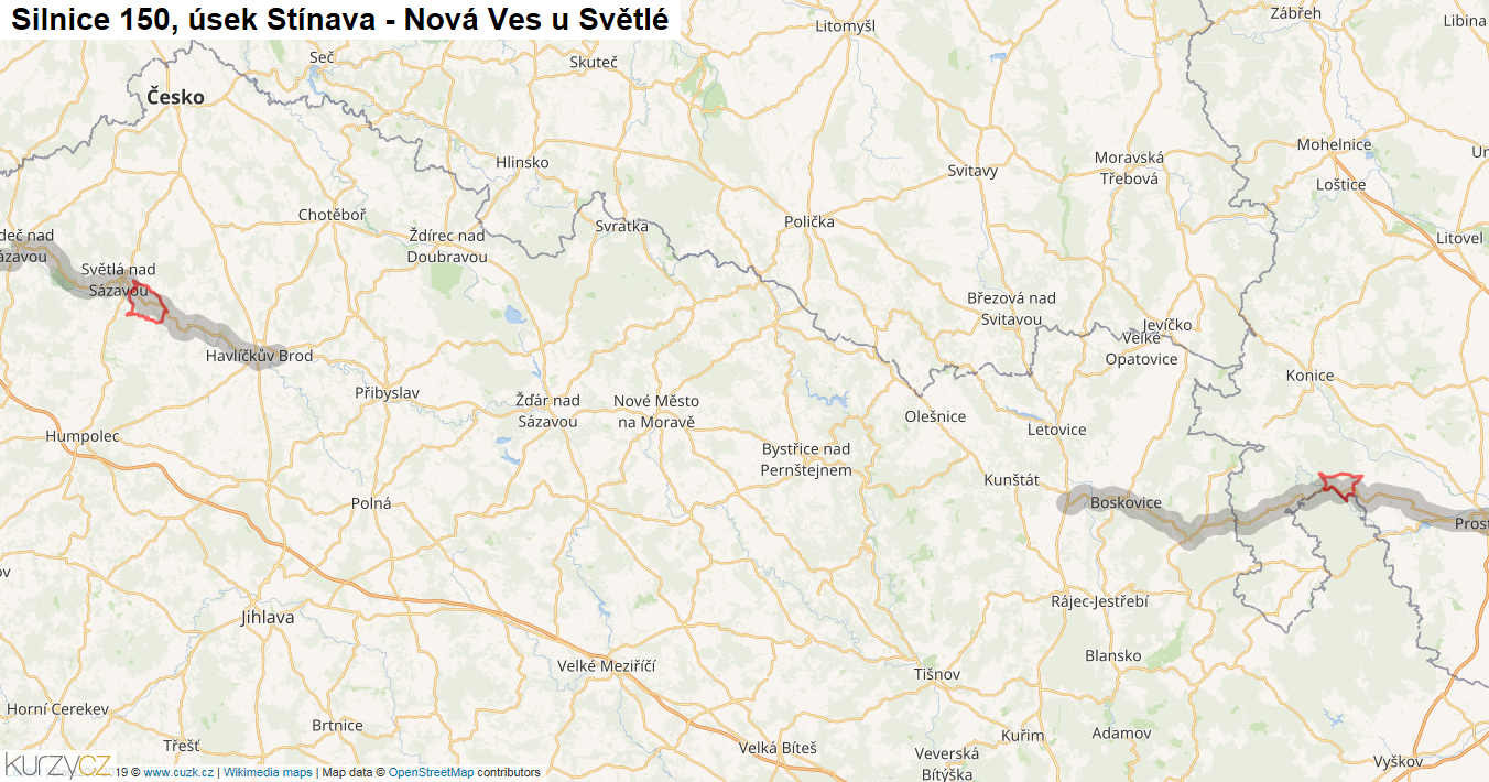 Úsek Stínava - Nová Ves u Světlé, Silnice 150 - Mapa