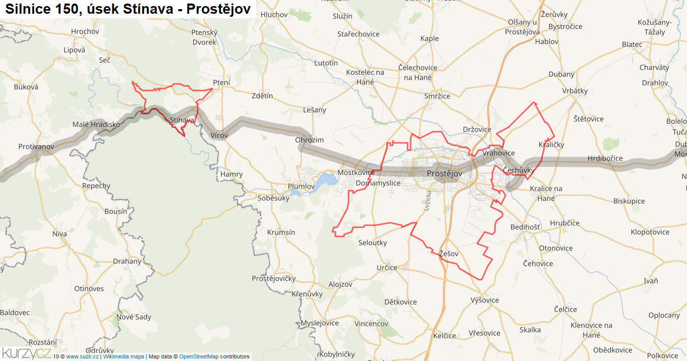 Úsek Stínava - Prostějov, Silnice 150 - Mapa