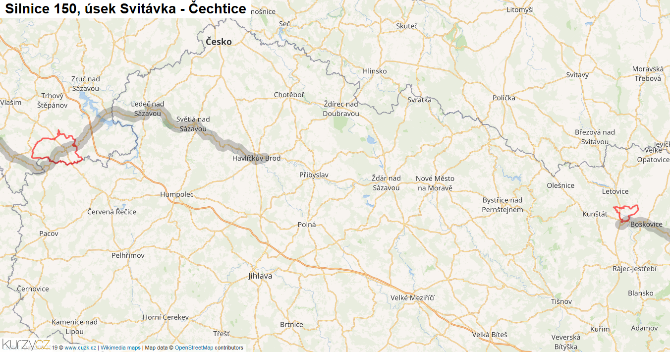 Úsek Svitávka - Čechtice, Silnice 150 - Mapa