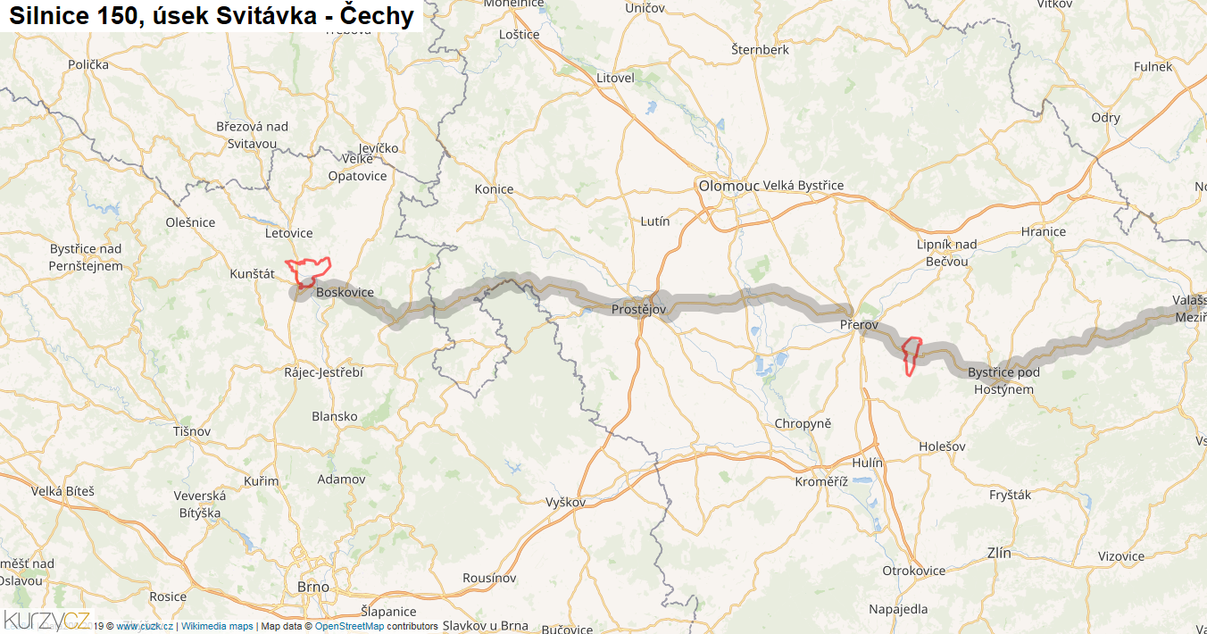 Úsek Svitávka - Čechy, Silnice 150 - Mapa