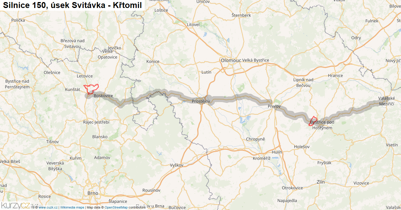 Úsek Svitávka - Křtomil, Silnice 150 - Mapa