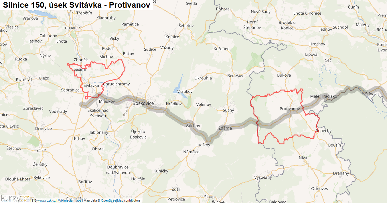 Úsek Svitávka - Protivanov, Silnice 150 - Mapa