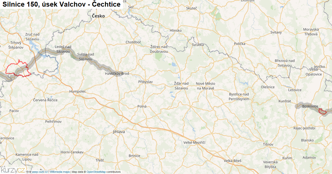 Úsek Valchov - Čechtice, Silnice 150 - Mapa