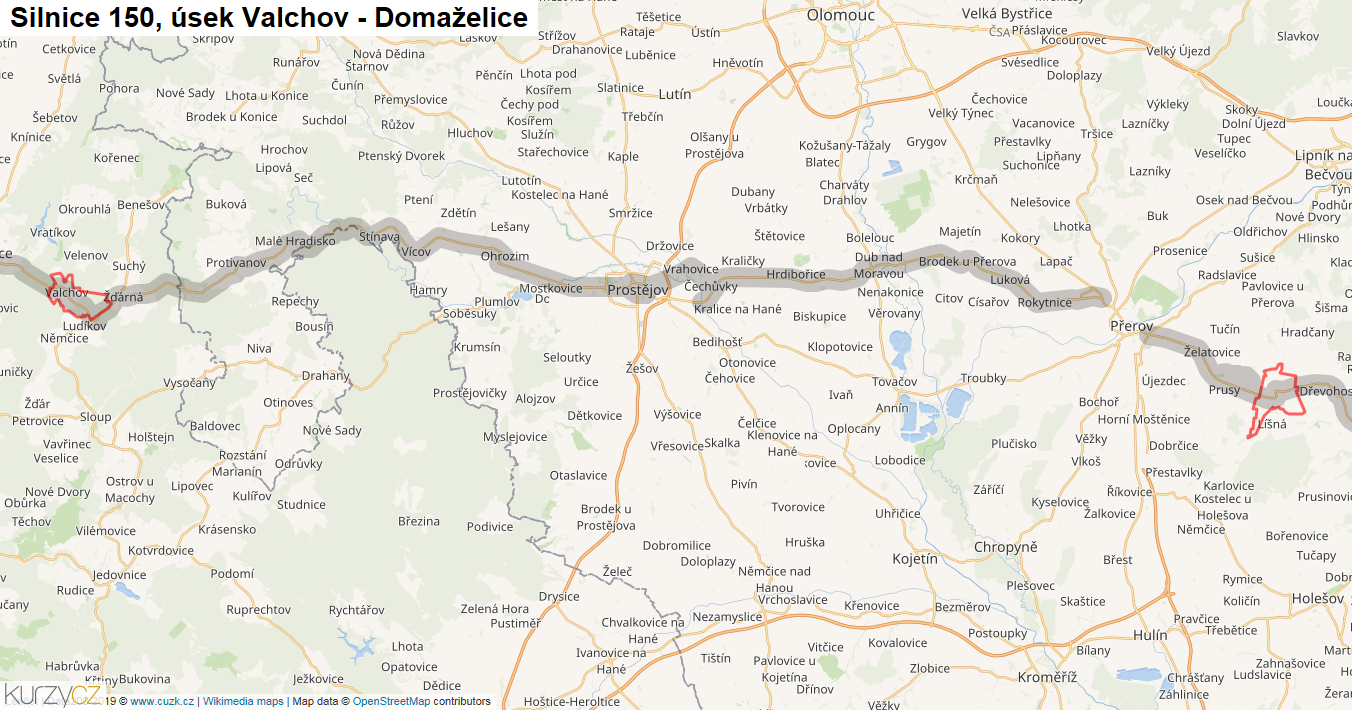 Úsek Valchov - Domaželice, Silnice 150 - Mapa