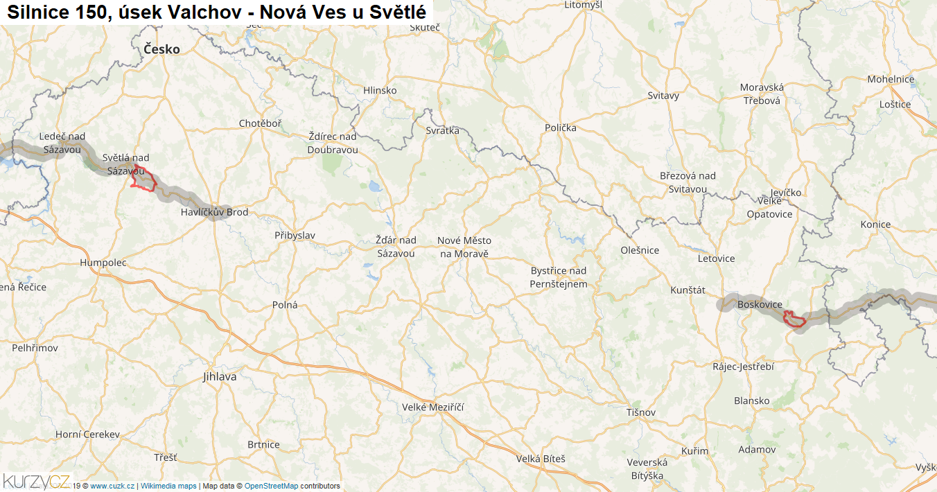 Úsek Valchov - Nová Ves u Světlé, Silnice 150 - Mapa
