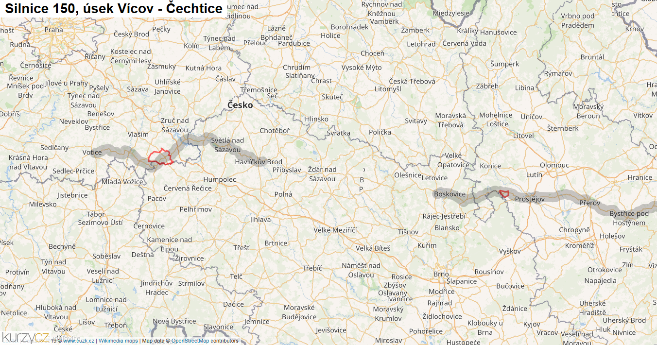 Úsek Vícov - Čechtice, Silnice 150 - Mapa