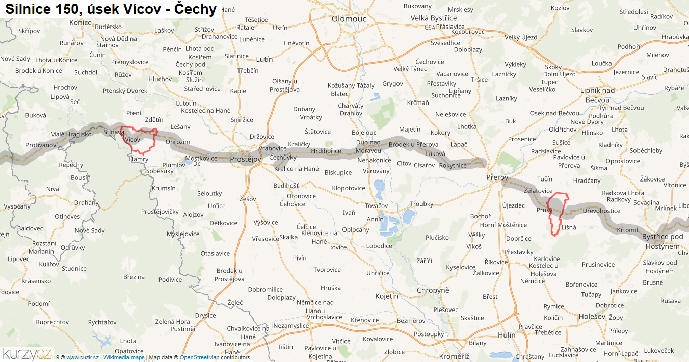 Úsek Vícov - Čechy, Silnice 150 - Mapa