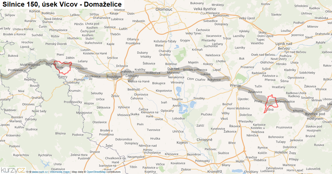Úsek Vícov - Domaželice, Silnice 150 - Mapa