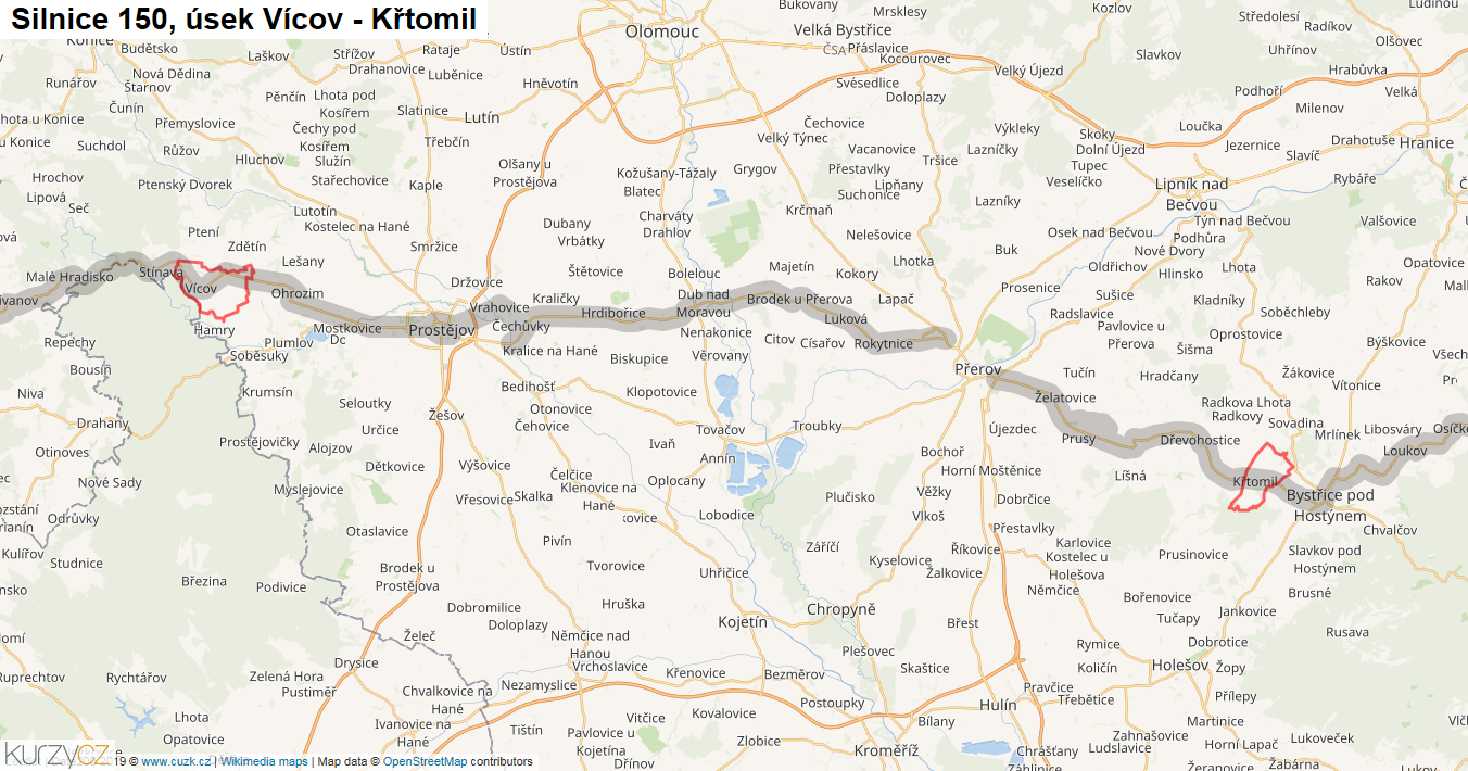 Úsek Vícov - Křtomil, Silnice 150 - Mapa