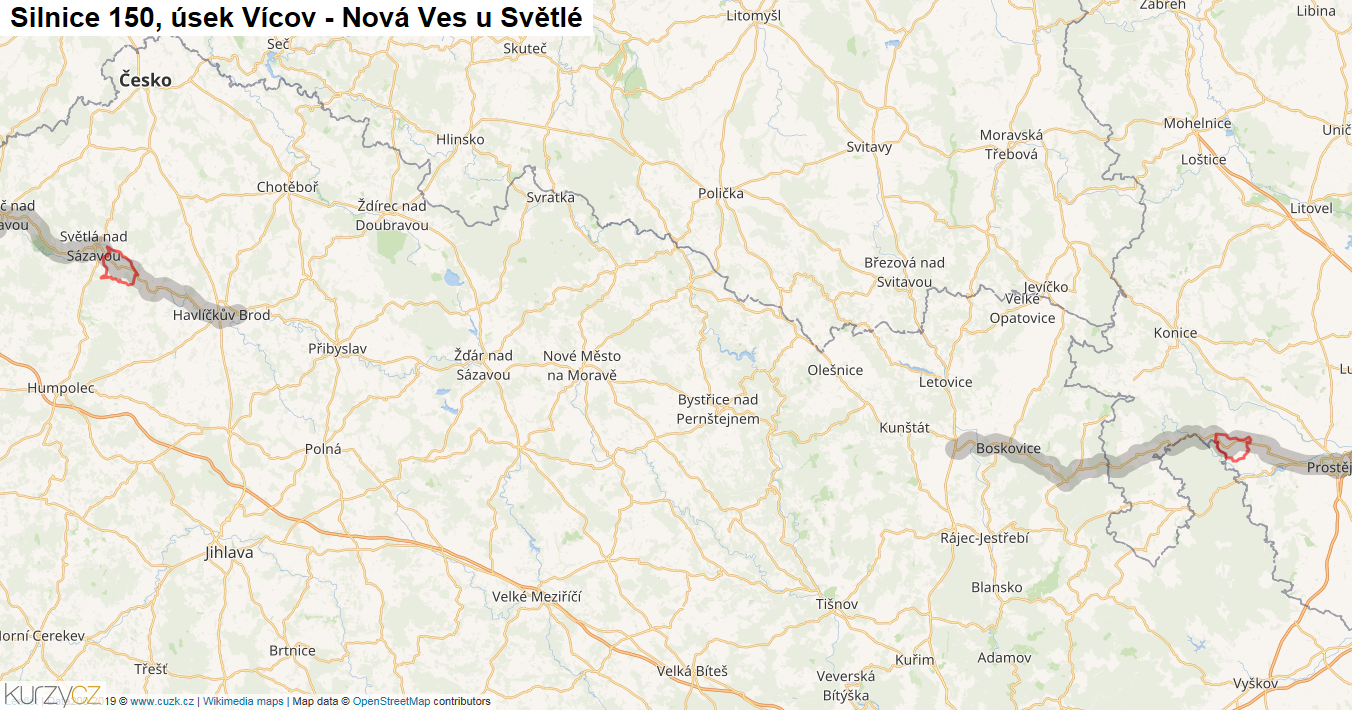 Úsek Vícov - Nová Ves u Světlé, Silnice 150 - Mapa