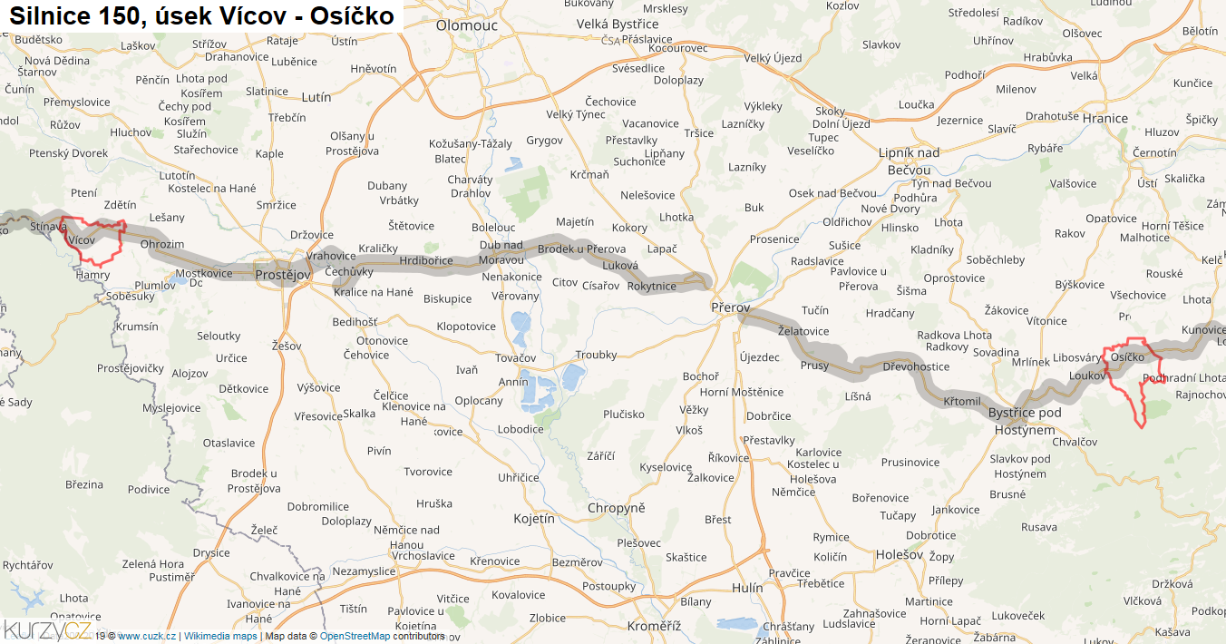 Úsek Vícov - Osíčko, Silnice 150 - Mapa