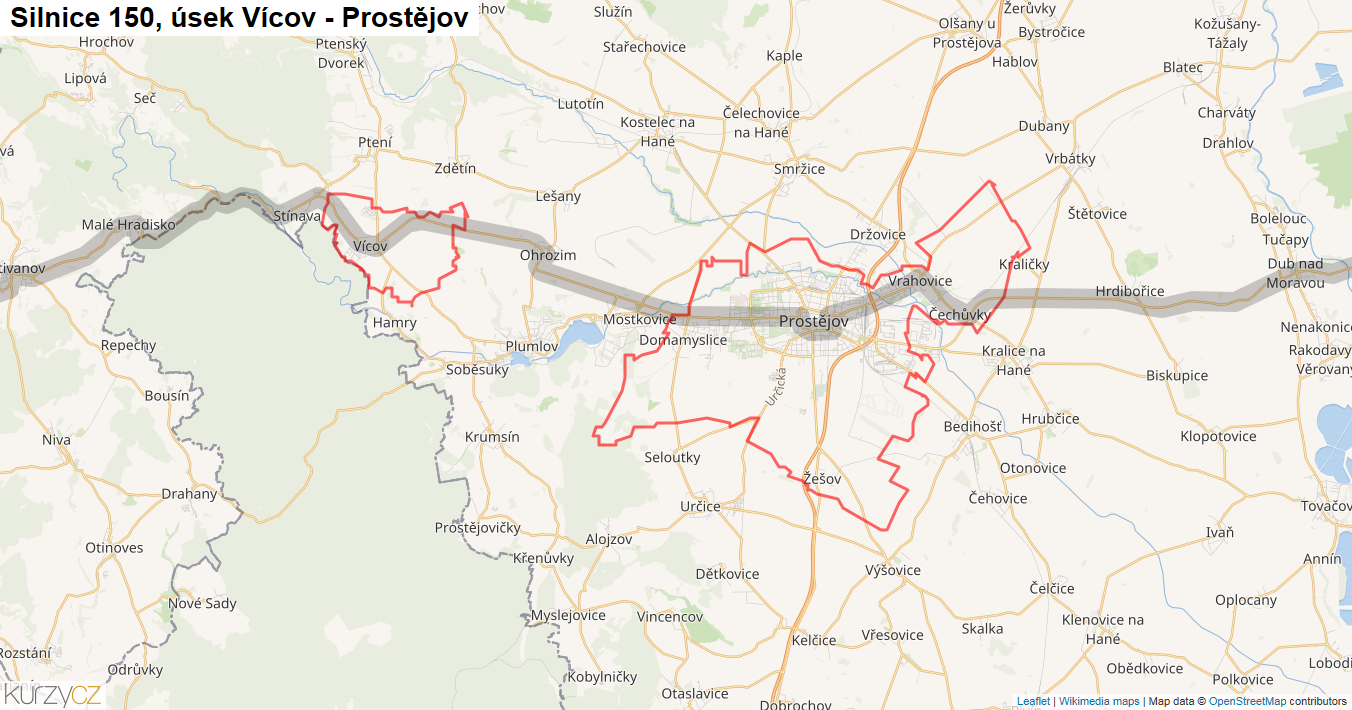 Úsek Vícov - Prostějov, Silnice 150 - Mapa