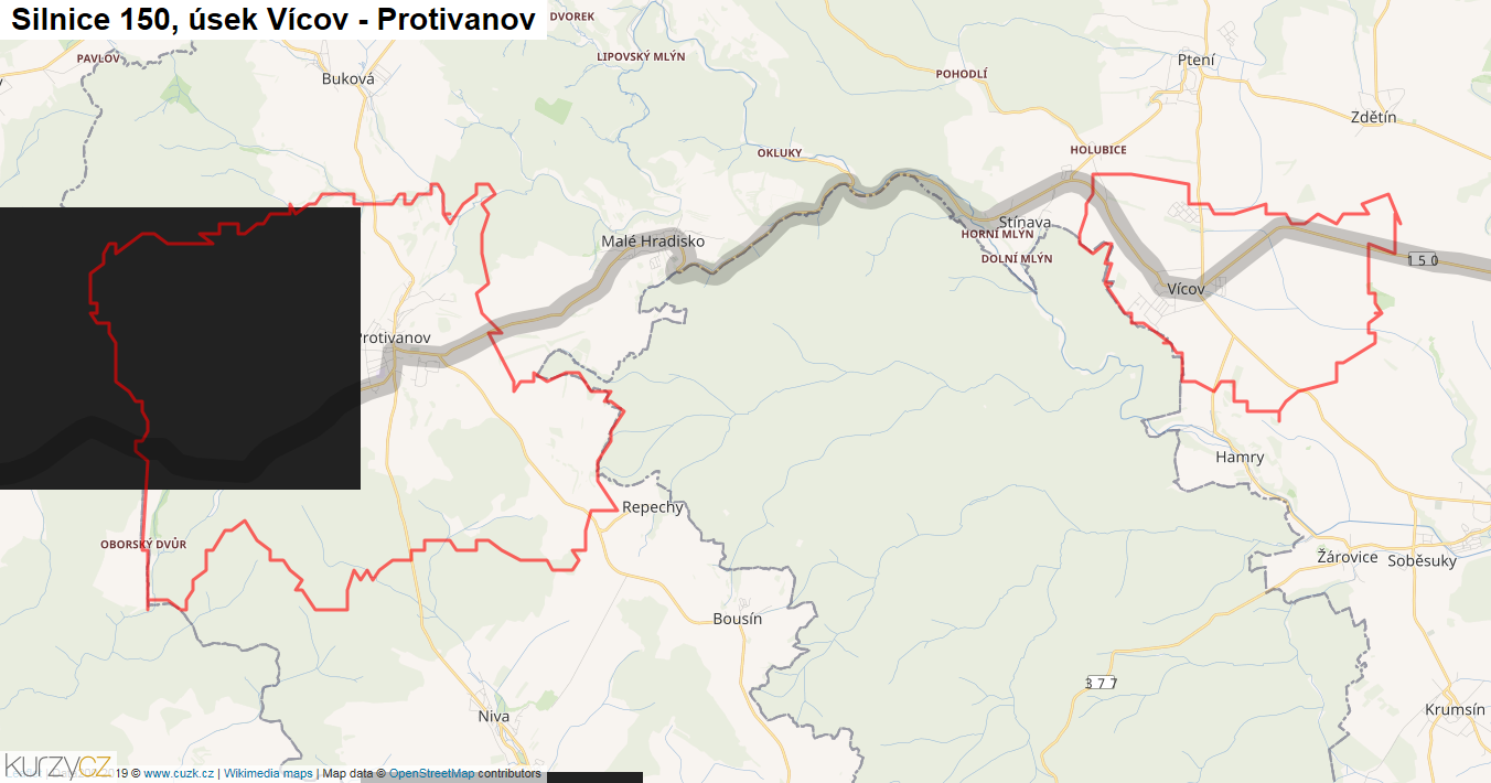 Úsek Vícov - Protivanov, Silnice 150 - Mapa