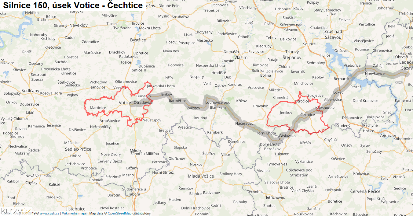 Úsek Votice - Čechtice, Silnice 150 - Mapa