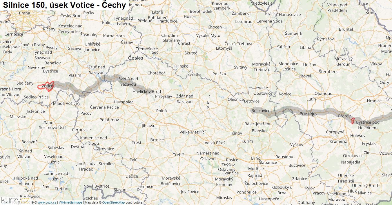 Úsek Votice - Čechy, Silnice 150 - Mapa