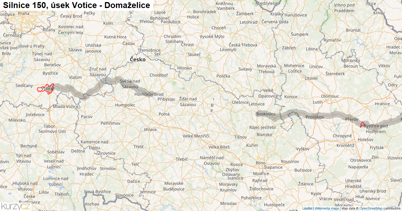 Úsek Votice - Domaželice, Silnice 150 - Mapa