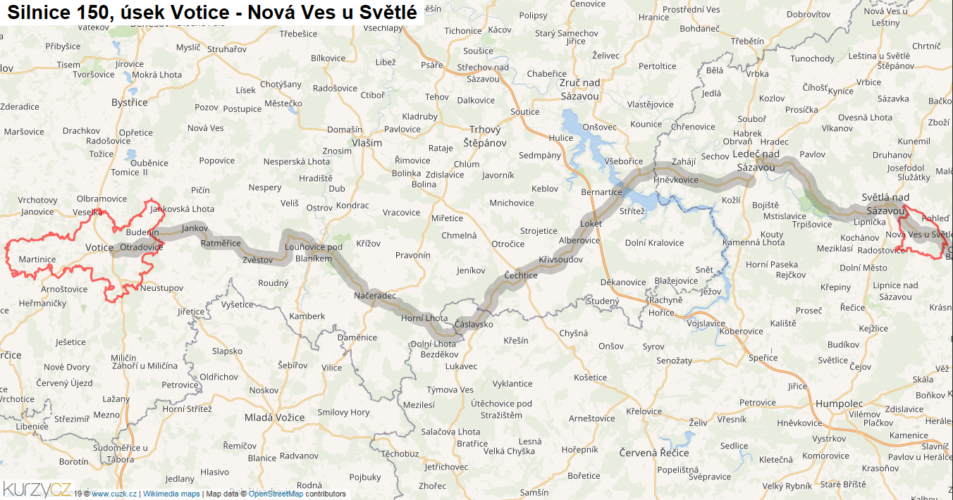 Úsek Votice - Nová Ves u Světlé, Silnice 150 - Mapa