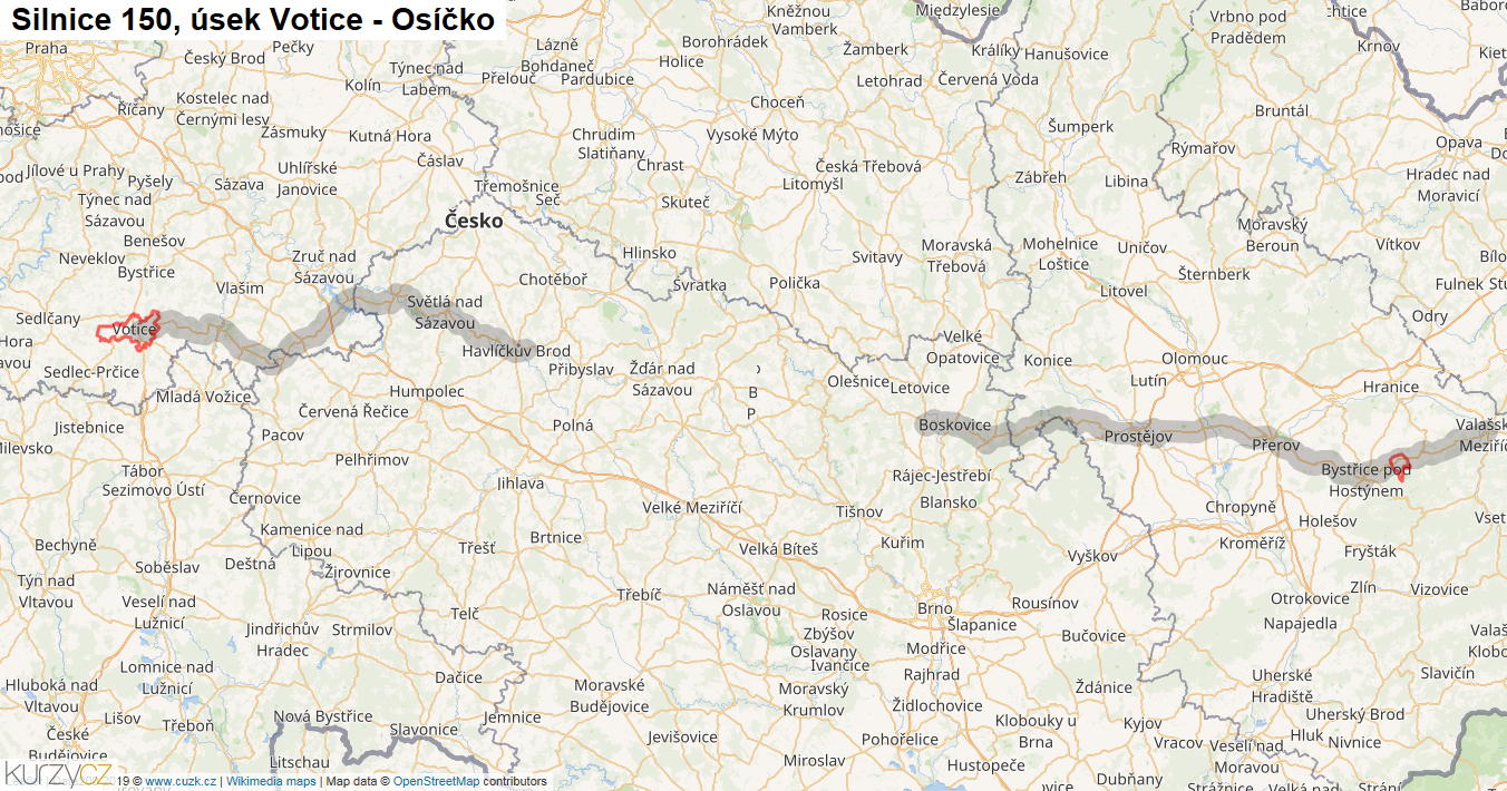 Úsek Votice - Osíčko, Silnice 150 - Mapa