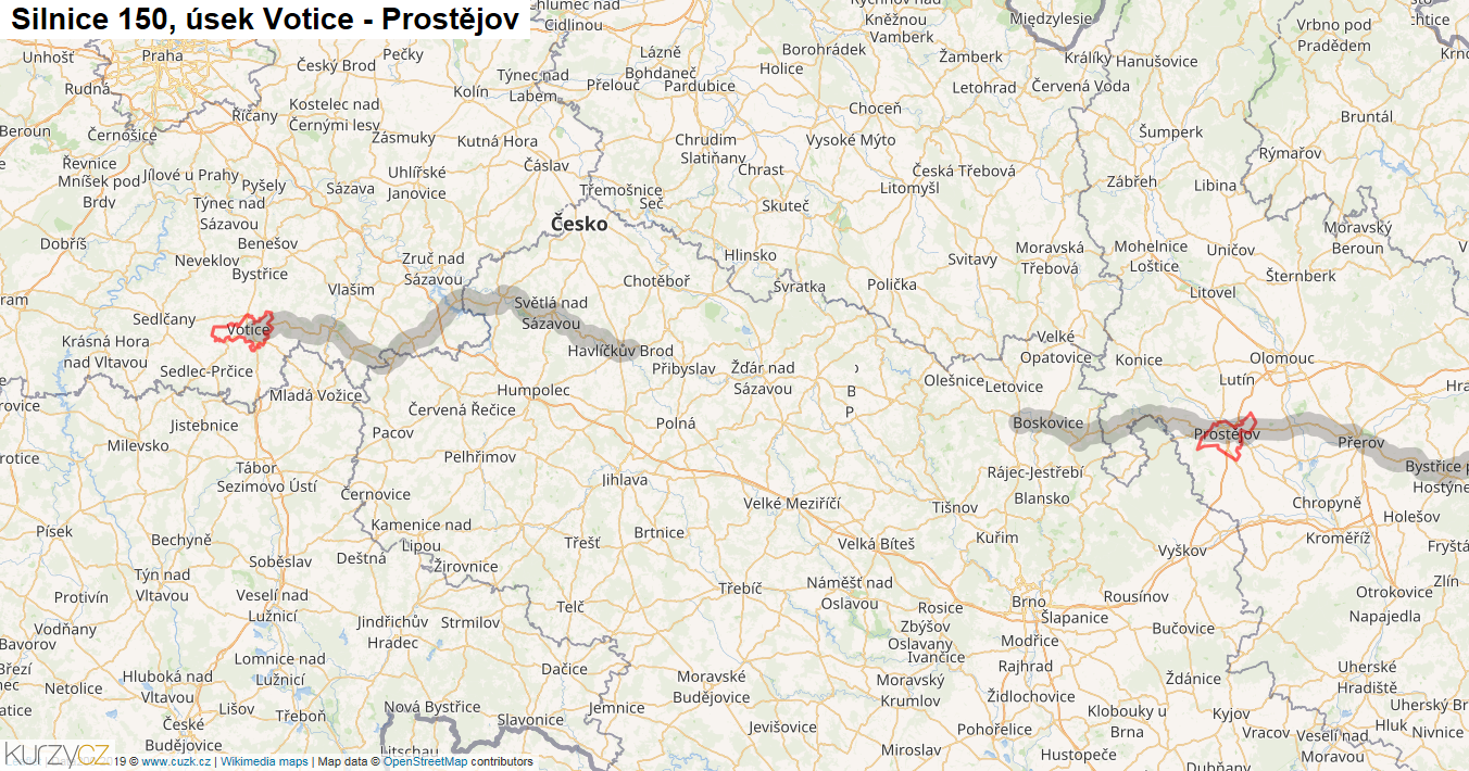 Úsek Votice - Prostějov, Silnice 150 - Mapa