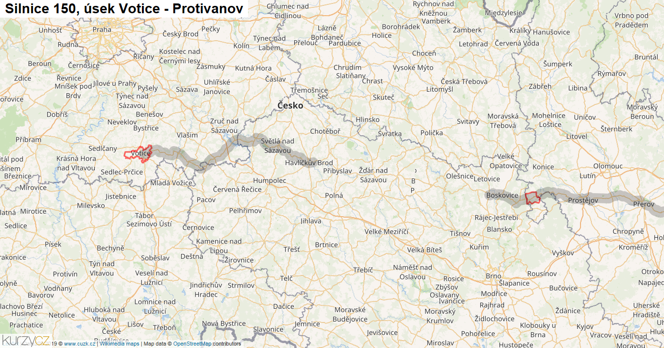 Úsek Votice - Protivanov, Silnice 150 - Mapa
