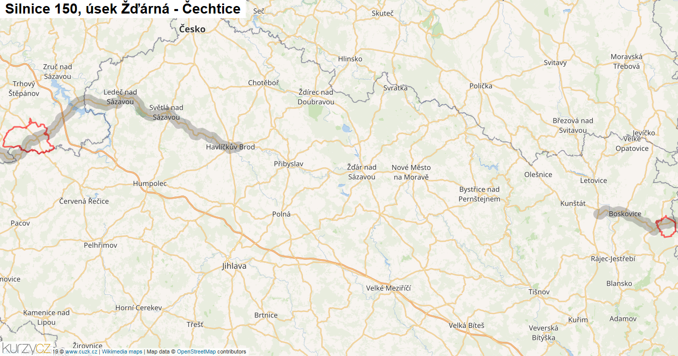 Úsek Žďárná - Čechtice, Silnice 150 - Mapa