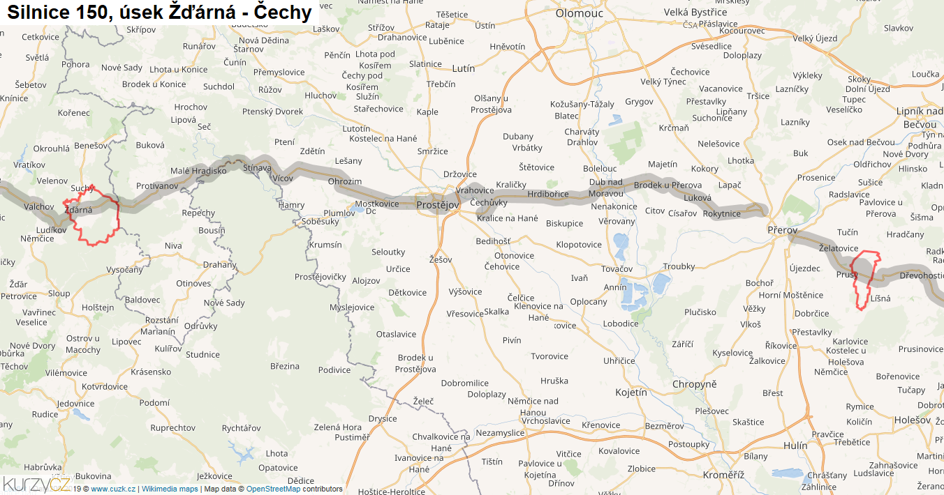 Úsek Žďárná - Čechy, Silnice 150 - Mapa