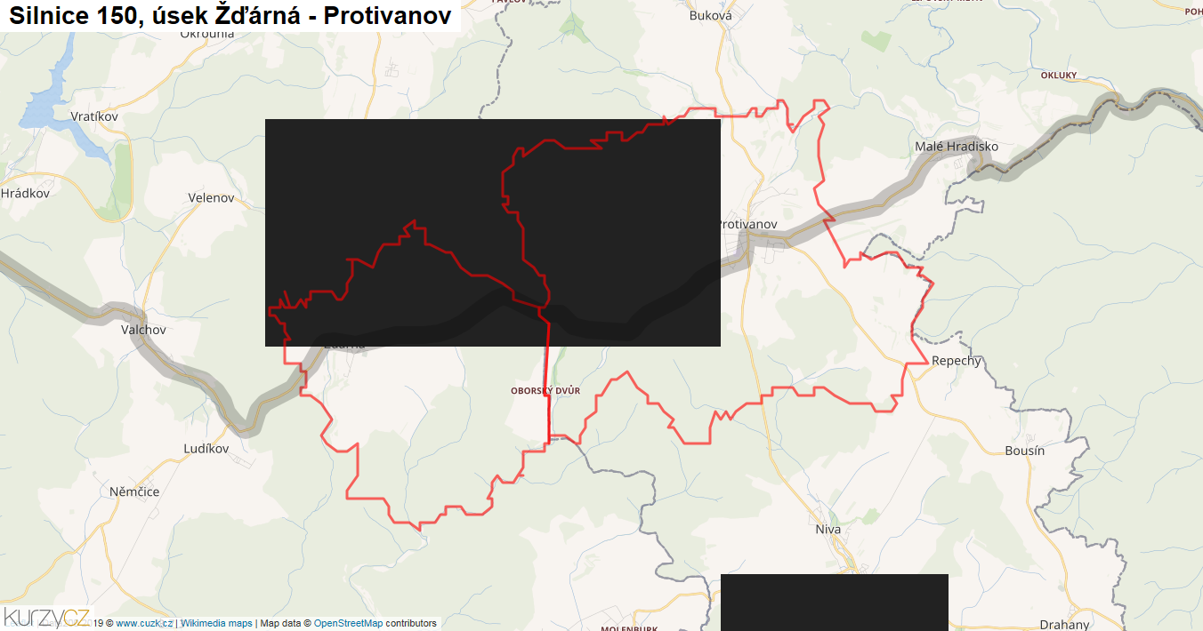 Úsek Žďárná - Protivanov, Silnice 150 - Mapa