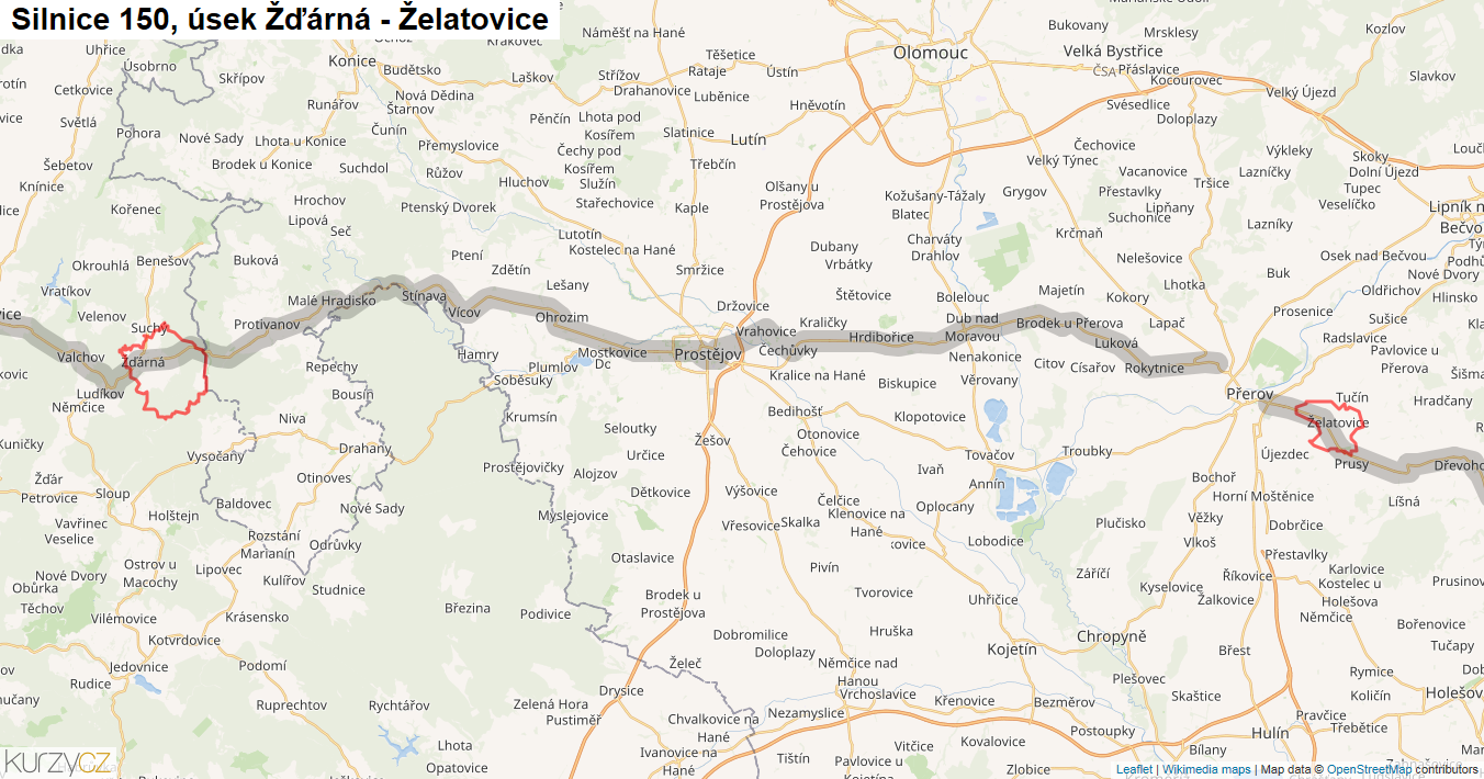 Úsek Žďárná - Želatovice, Silnice 150 - Mapa