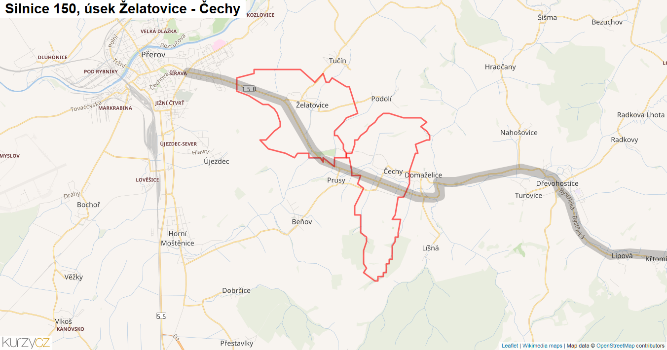 Úsek Želatovice - Čechy, Silnice 150 - Mapa