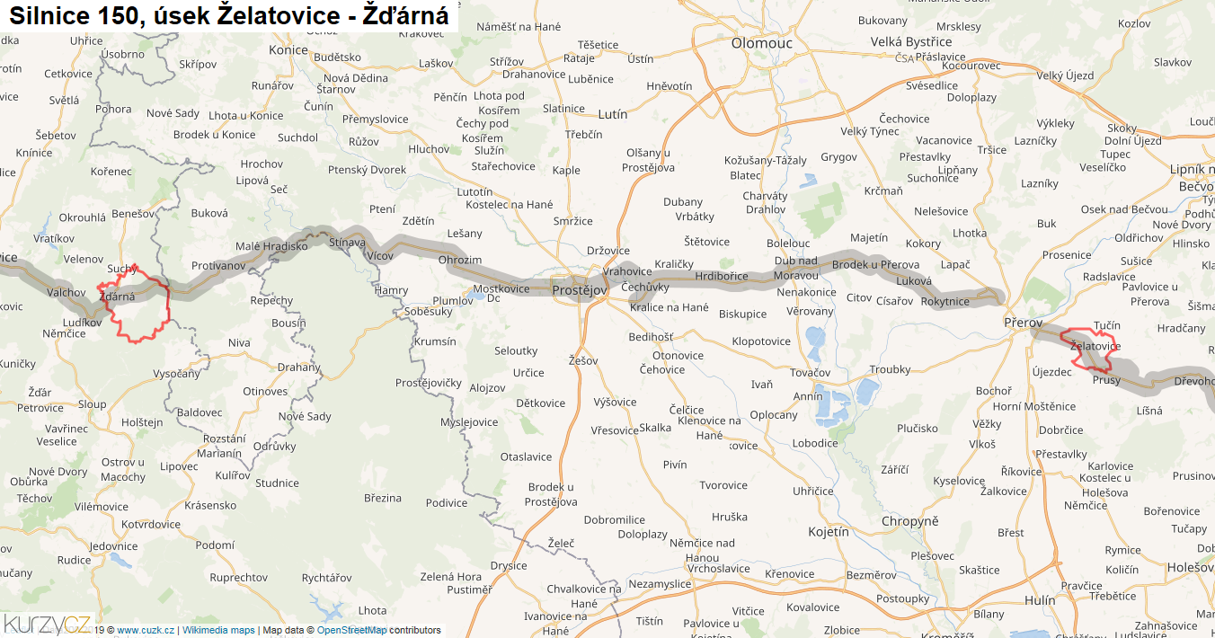 Úsek Želatovice - Žďárná, Silnice 150 - Mapa