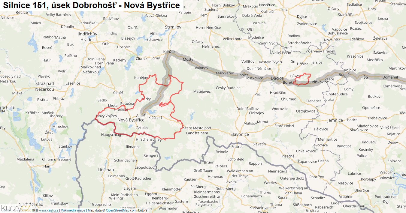 Úsek Dobrohošť - Nová Bystřice, Silnice 151 - Mapa
