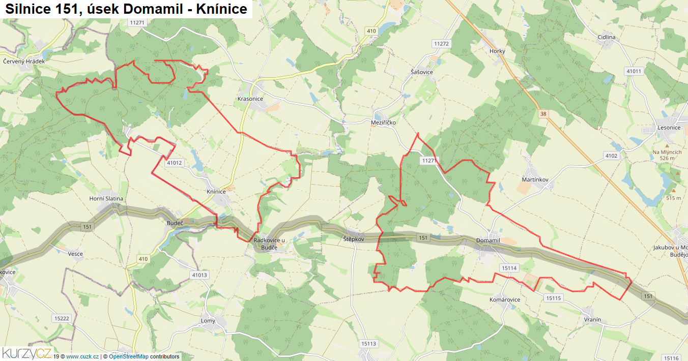 Úsek Domamil - Knínice, Silnice 151 - Mapa