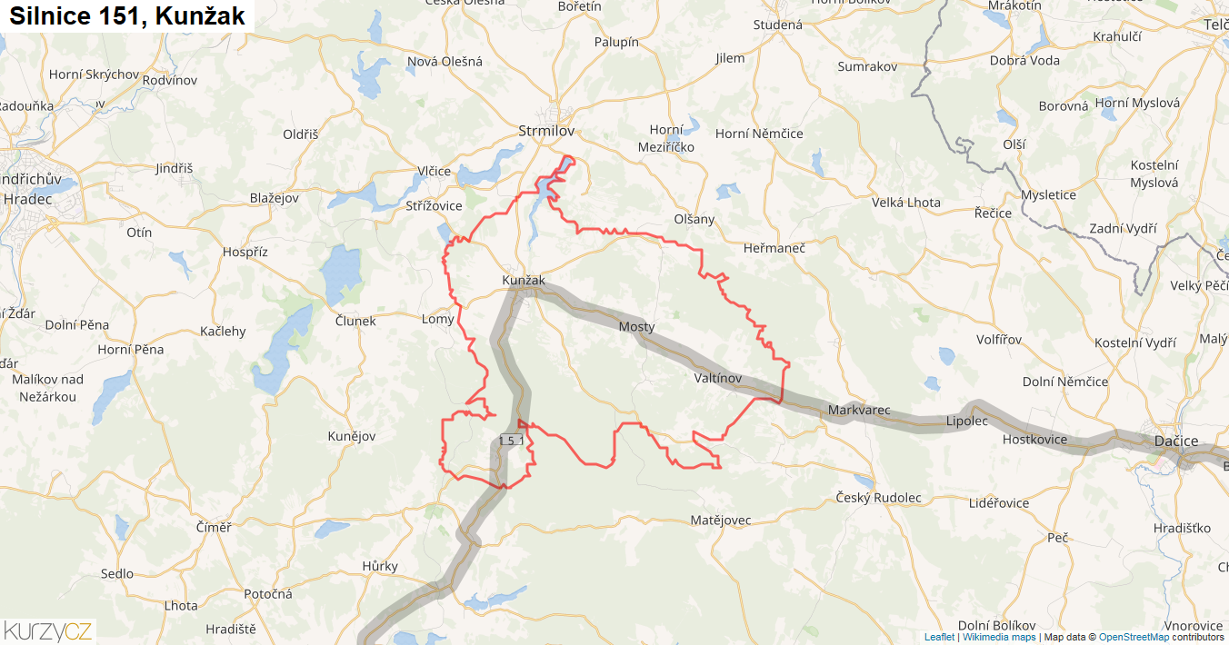 Kunžak, Silnice 151 - Mapa