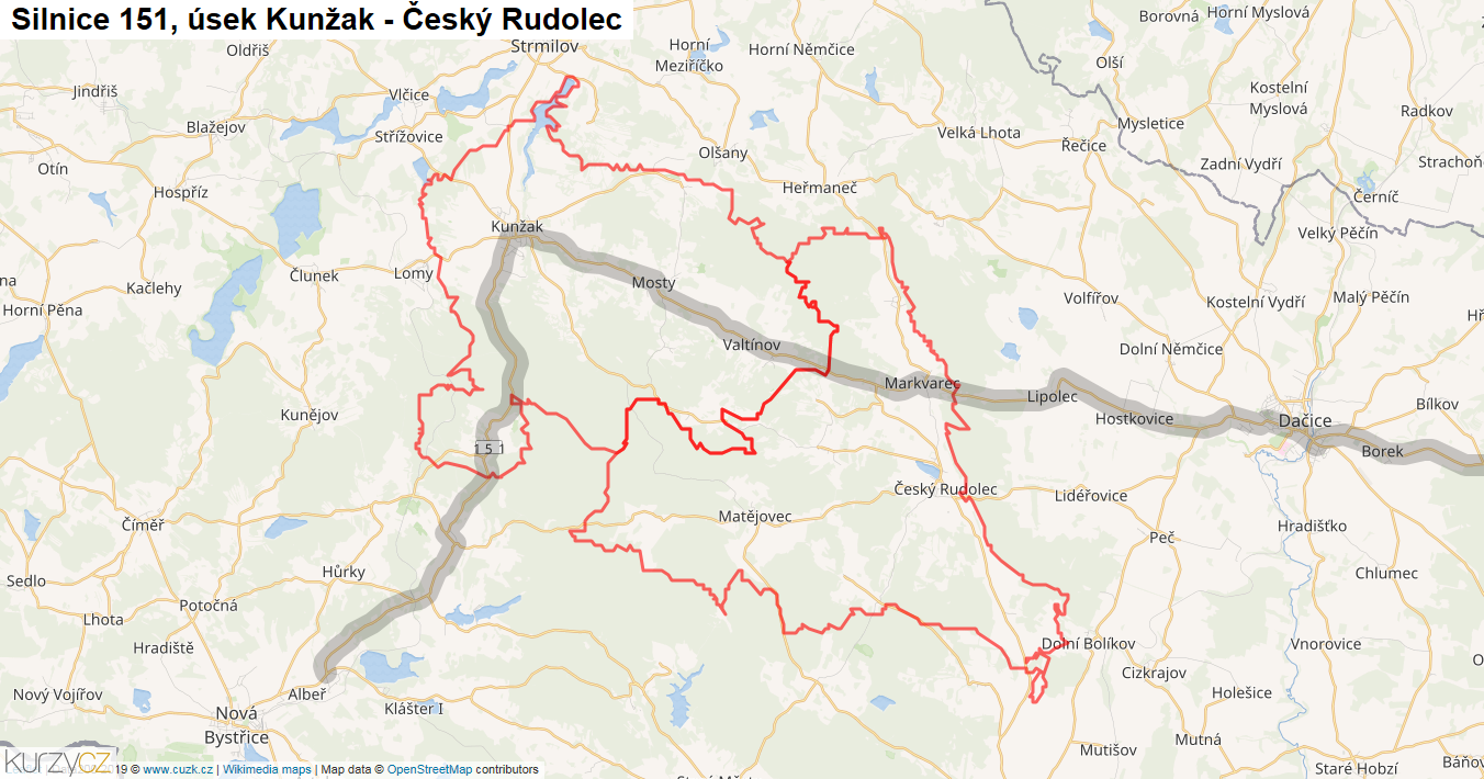 Úsek Kunžak - Český Rudolec, Silnice 151 - Mapa