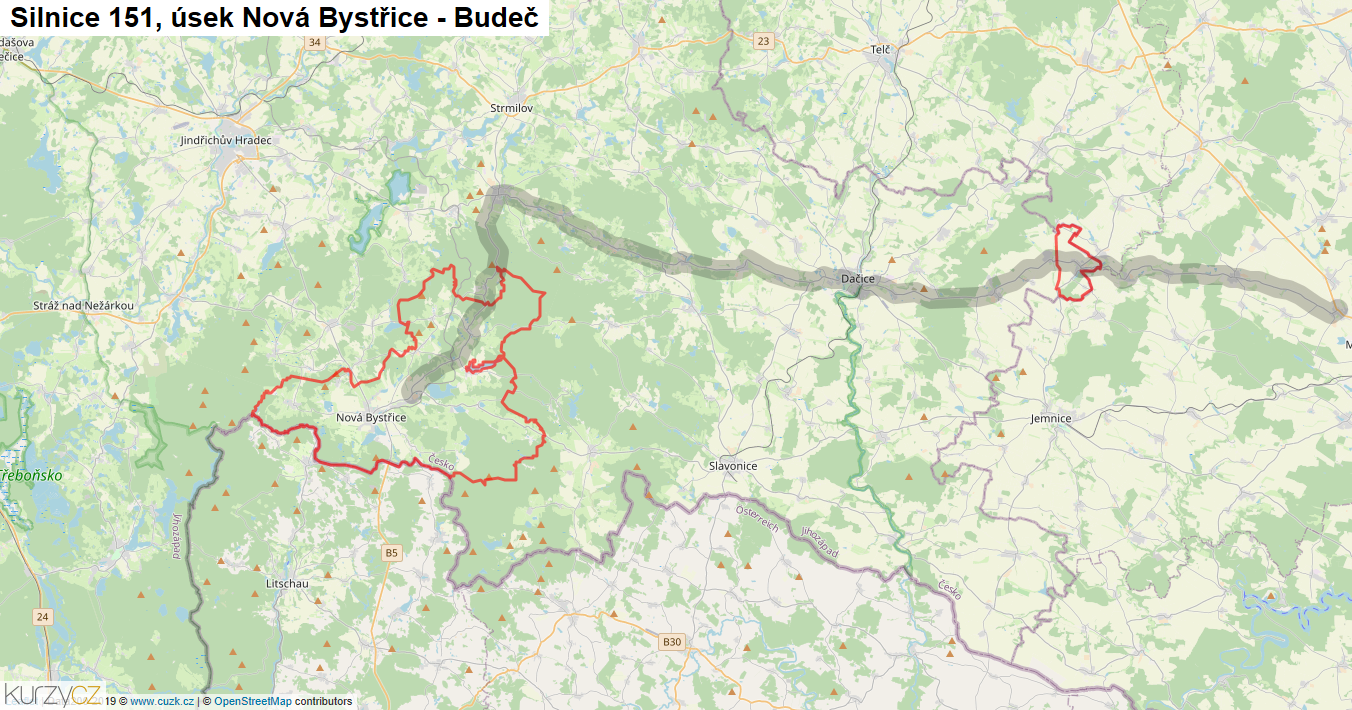 Úsek Nová Bystřice - Budeč, Silnice 151 - Mapa
