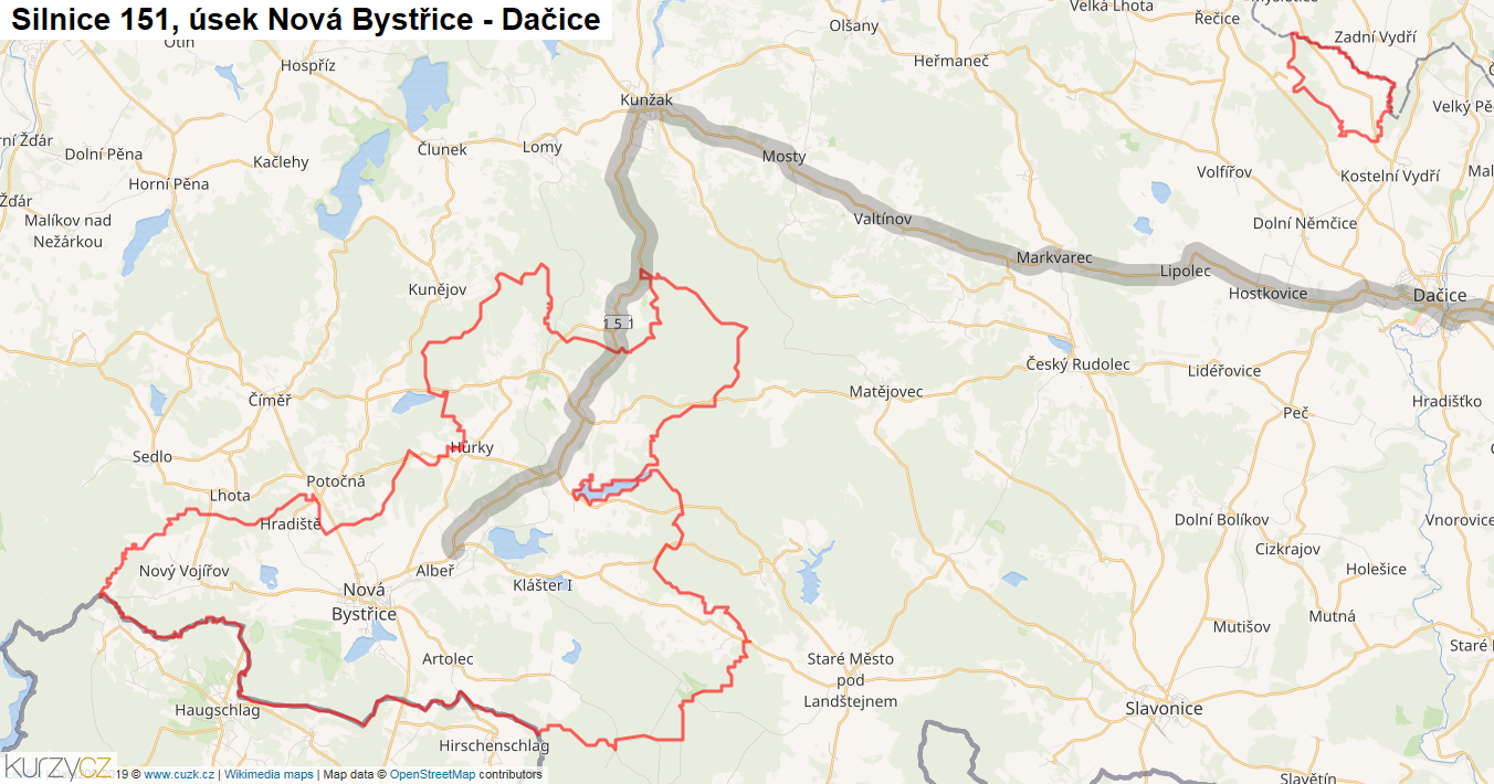 Úsek Nová Bystřice - Dačice, Silnice 151 - Mapa