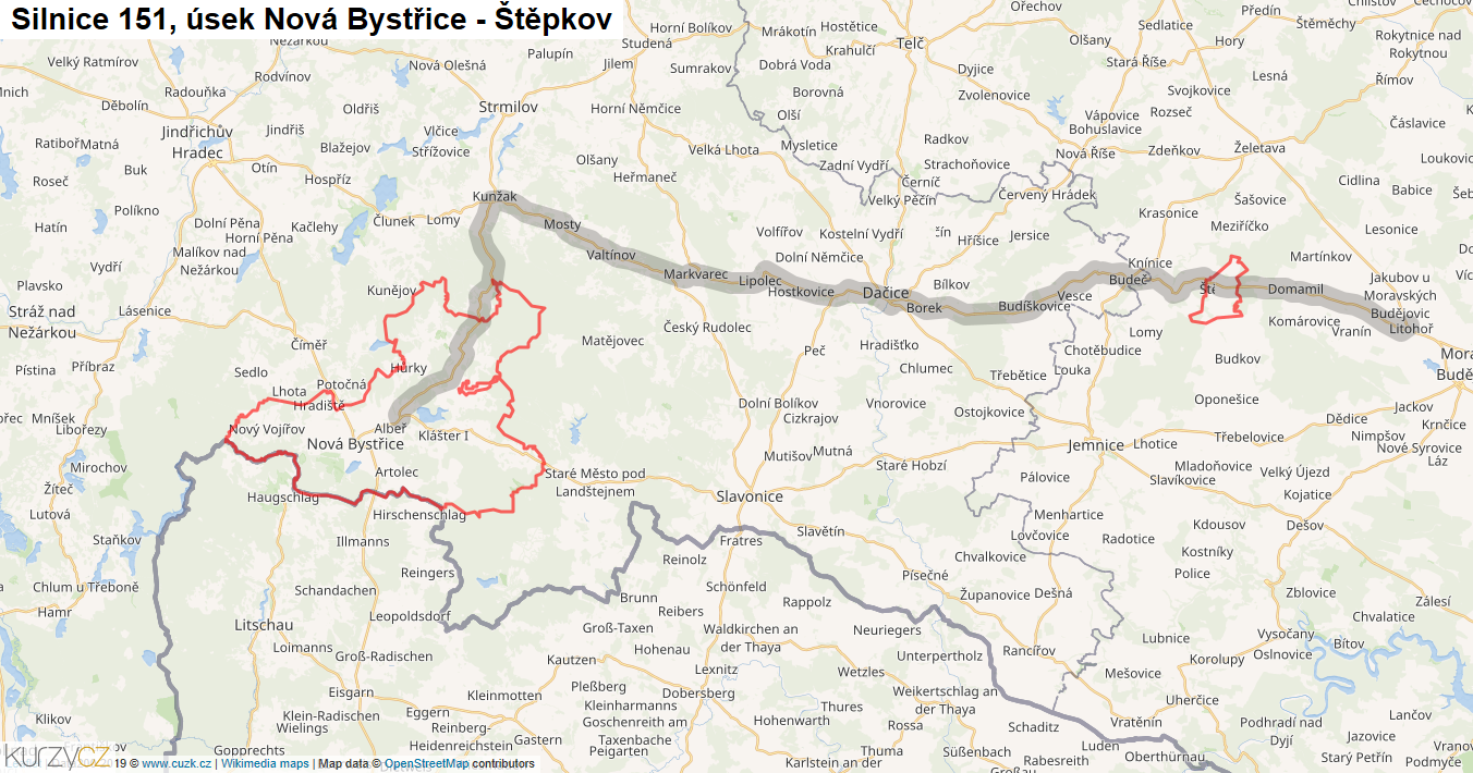 Úsek Nová Bystřice - Štěpkov, Silnice 151 - Mapa
