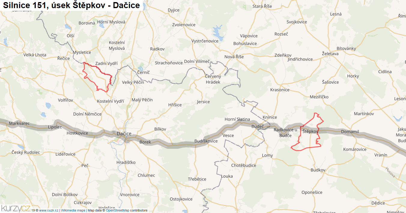 Úsek Štěpkov - Dačice, Silnice 151 - Mapa