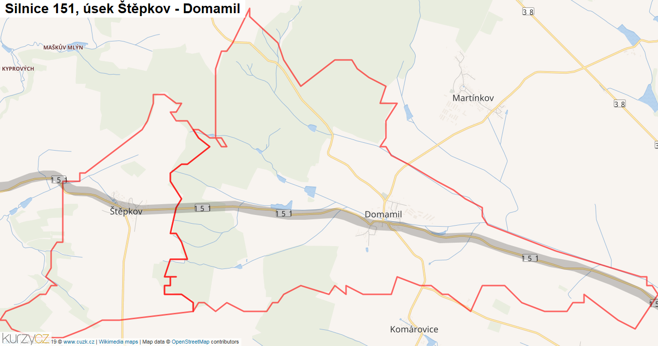 Úsek Štěpkov - Domamil, Silnice 151 - Mapa
