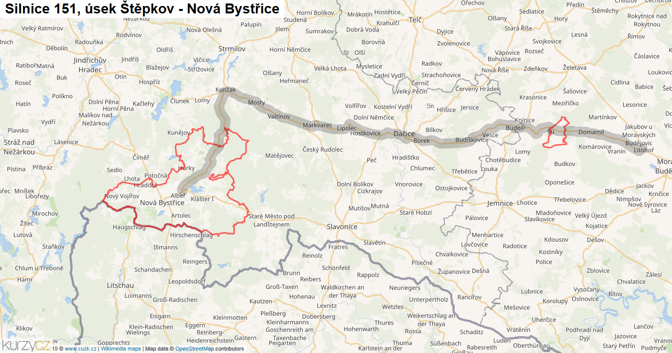 Úsek Štěpkov - Nová Bystřice, Silnice 151 - Mapa