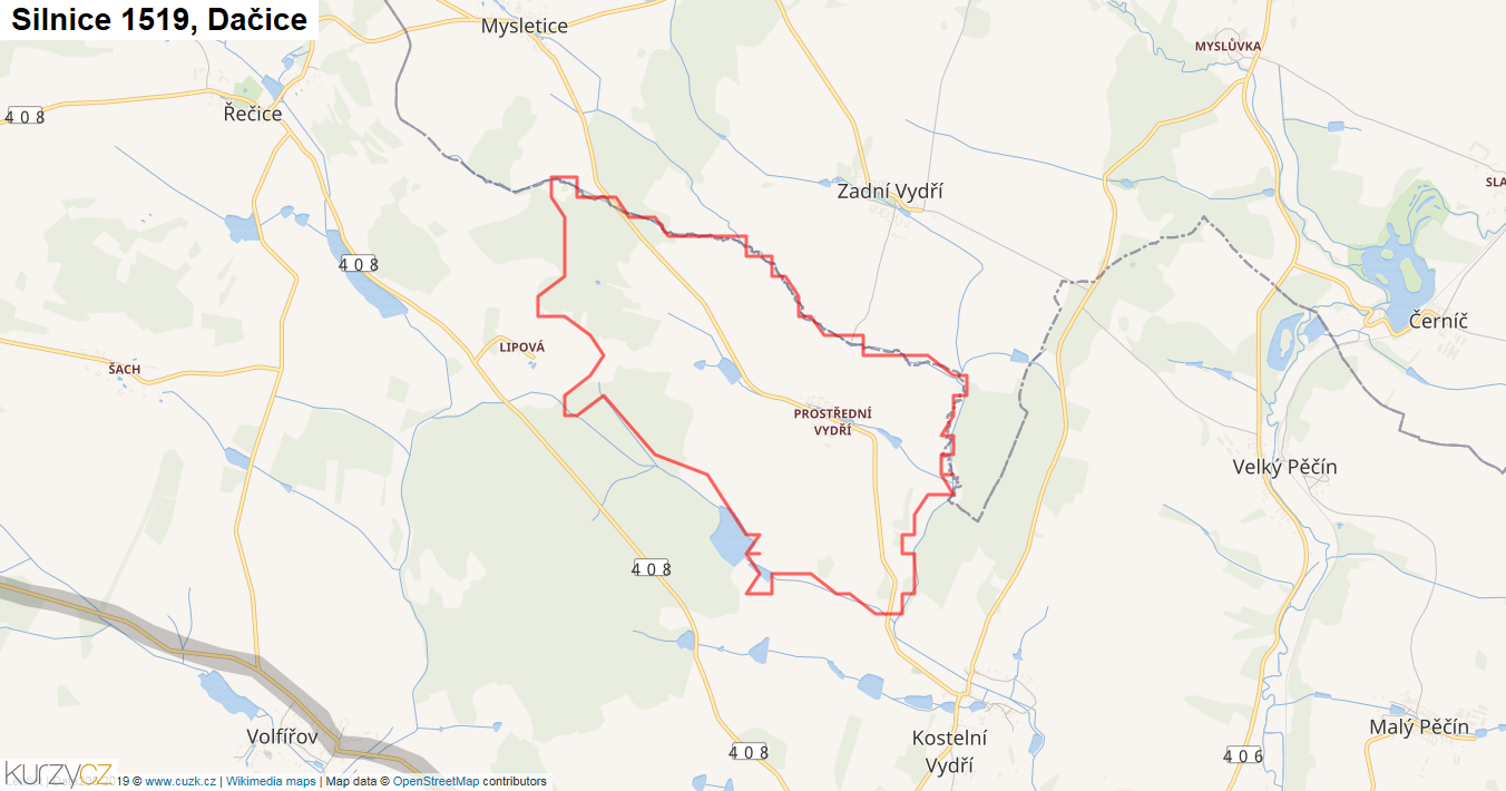 Dačice, Silnice 1519 - Mapa