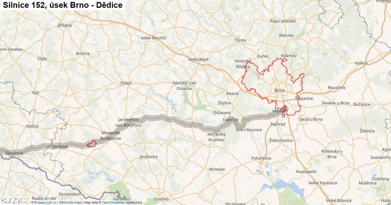 Úsek Brno - Dědice, Silnice 152 - Mapa