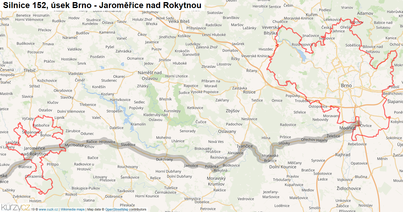Úsek Brno - Jaroměřice nad Rokytnou, Silnice 152 - Mapa