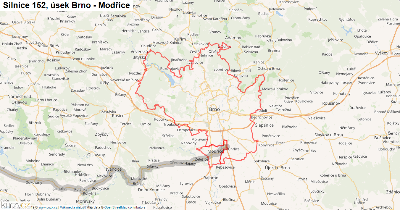 Úsek Brno - Modřice, Silnice 152 - Mapa